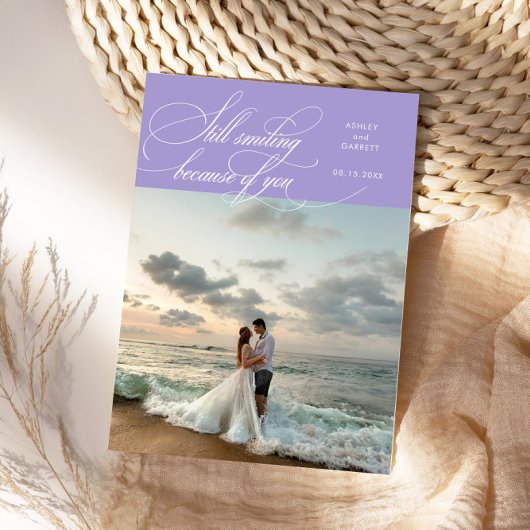 Still Smiling Elegant Wedding Photo Lilac Bedankkaart