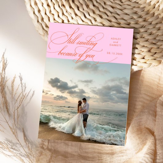 Still Smiling Elegant Wedding Photo Orange Pink Bedankkaart