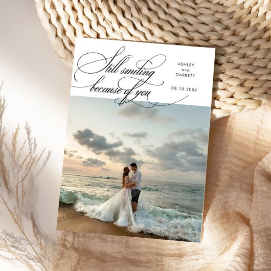 Still Smiling Elegant Wedding Photo White Bedankkaart