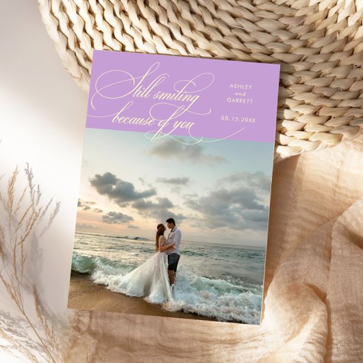 Still Smiling Elegant Wedding Photo Wisteria Bedankkaart