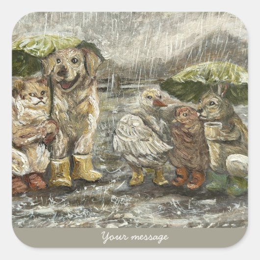 Still Together Whimsical Farmhouse Animals Rainy  Vierkante Sticker (Voorkant)
