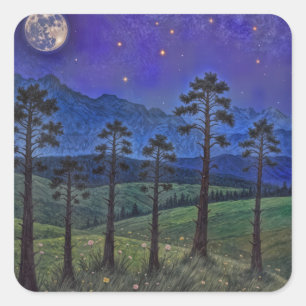 Stille dennen, kosmische dans - een boslandschap vierkante sticker