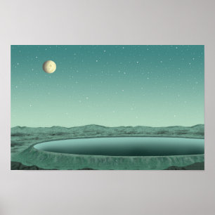 Stille maanverlichte nacht. Aan een meer in een an Poster