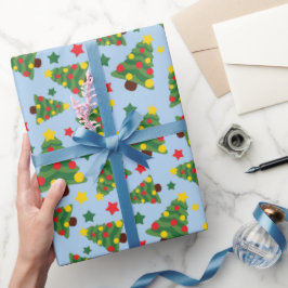 Stille Nacht Kerstbomen & Sterren Lichtblauw Cadeaupapier