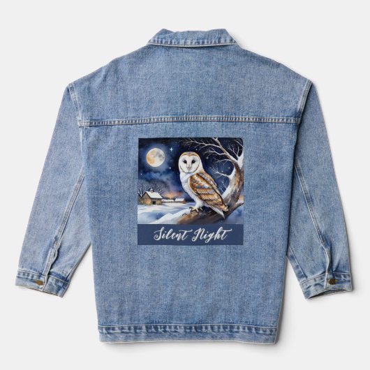 Stille Nacht Kerstmis Sneeuw Scene Schuur Uil Denim Jacket (Achterkant)