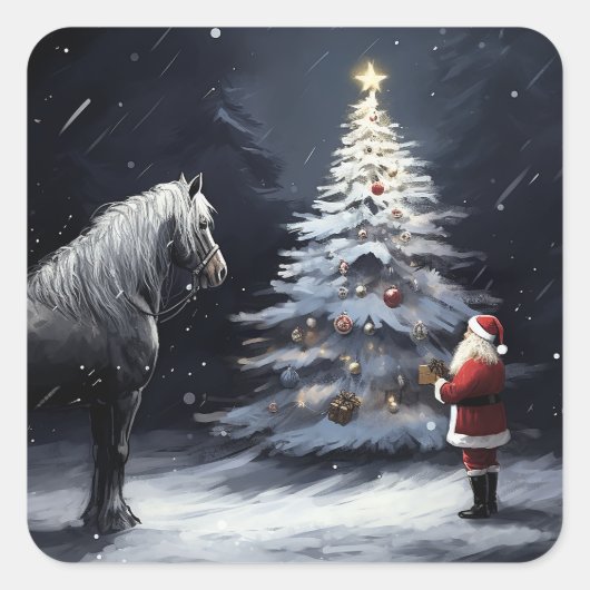Stille Nacht - Mooi Paard en Kerstmis Vierkante Sticker (Voorkant)