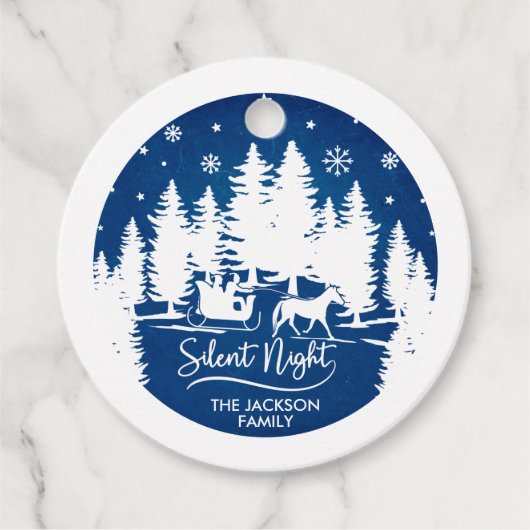 Stille nacht sleight dennen sneeuwvlok blauw & wit bedankjes labels (Voorkant)