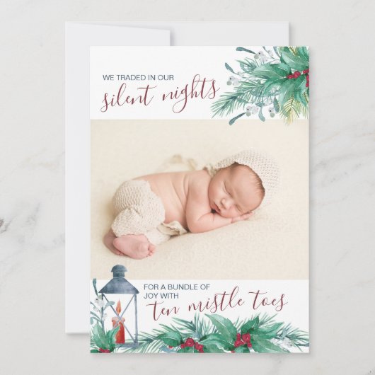 Stille nachten voor Ten Mistle Toes Holiday Birth Aankondiging (Voorkant)