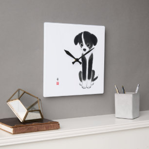 Stille Pootjes - Minimalistische Inkt Puppy Vierkante Klok