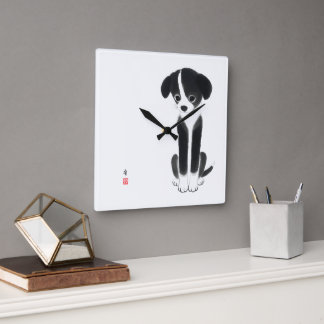 Stille Pootjes - Minimalistische Inkt Puppy Vierkante Klok