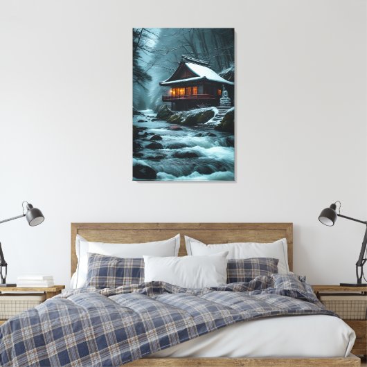 Stille Winter: Stille Tempel aan de Winterrivier Canvas Afdruk (Insitu (Slaapkamer))