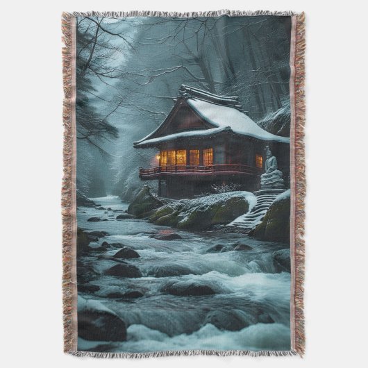 Stille Winter: Stille Tempel aan de Winterrivier Deken (Voorkant Verticaal)