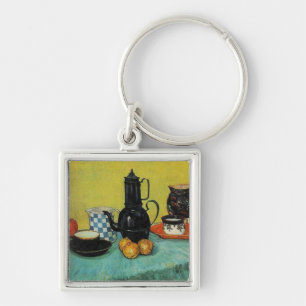 Stilleven Blauwe Emaille Koffiepot, Aardewerk en Sleutelhanger