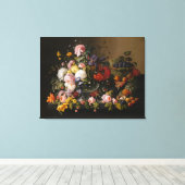 Stilleven: Bloemen en fruit van Severin Roesen Canvas Afdruk (Insitu (Houten vloer))