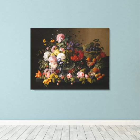 Stilleven: Bloemen en fruit van Severin Roesen Canvas Afdruk (Insitu (Houten vloer))