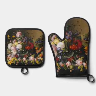 stilleven bloemen en vruchten ovenwant & pannenlap set