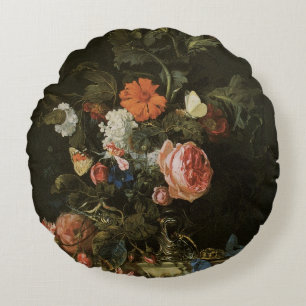 Stilleven Bloemen in Vaas, Vintage Barok Rond Kussen