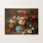 stilleven | Eugène Delacroix Legpuzzel<br><div class="desc">Stilleven met Dahlia's, Zinnia's, Hollyhocks en Pruimen (ca. 1835) van Eugène Delacroix (Frans, 1798-1863) is een rijk gekleurde en dynamische compositie die de expressieve stijl en fascinatie van de romantische meester voor natuurlijke schoonheid weerspiegelt. Het boeket, barstensvol dahlia's, zinnia's en stokrozen, staat in schril contrast met de diepe paarse pruimen,...</div>