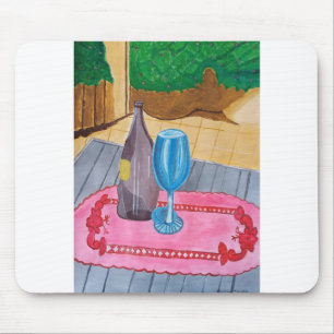 Stilleven, flesje en glas muismat