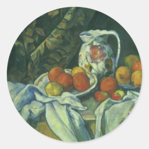 Stilleven, gordijn en kan door Paul Cezanne Ronde Sticker