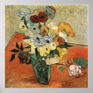 Stilleven Japanse Vaas met Rozen en Anemonen Poster