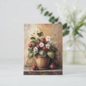 Stilleven met aardbeiplant in een pot in rustieke  briefkaart (Staand voorkant)