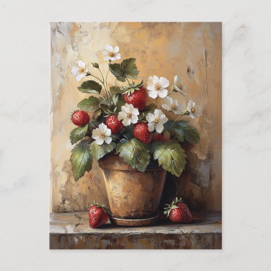 Stilleven met aardbeiplant in een pot in rustieke  briefkaart (Voorkant)