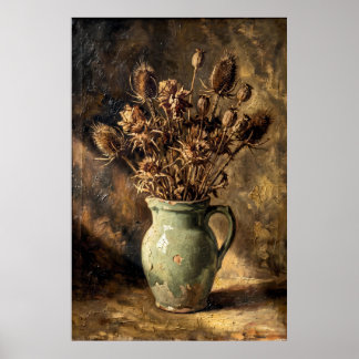 Stilleven met antieke gedroogde bloemen in een vaa poster