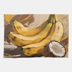 Stilleven met bananen en kokosnoot theedoek