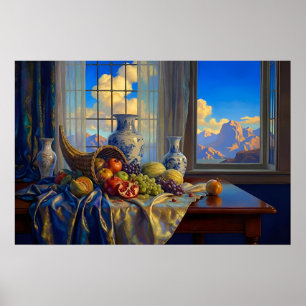 Stilleven met Blauwe Ruit en Verre Bergen Poster