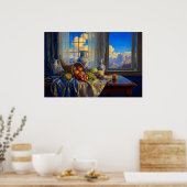 Stilleven met Blauwe Ruit en Verre Bergen Poster (Keuken)