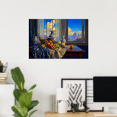 Stilleven met Blauwe Ruit en Verre Bergen Poster (Thuiskantoor)