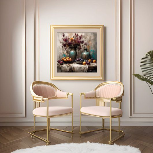 Stilleven met bloemen en pruimen - Print