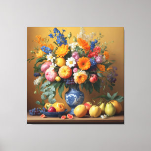 Stilleven met Bloemen in Delftbaluwe vaas en Fruit Canvas Afdruk