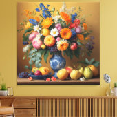 Stilleven met Bloemen in Delftbaluwe vaas en Fruit Canvas Afdruk (Insitu (Woonkamer))