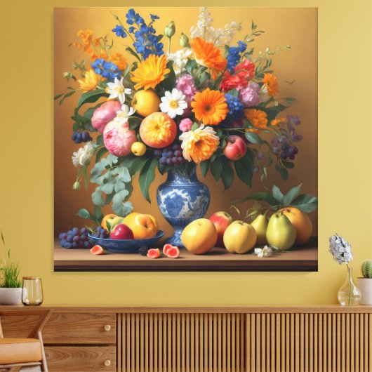 Stilleven met Bloemen in Delftbaluwe vaas en Fruit Canvas Afdruk (Insitu (Woonkamer))