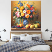 Stilleven met Bloemen in Delftbaluwe vaas en Fruit Canvas Afdruk (Insitu (Slaapkamer))