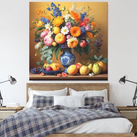 Stilleven met Bloemen in Delftbaluwe vaas en Fruit Canvas Afdruk (Insitu (Slaapkamer))