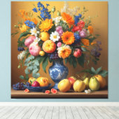 Stilleven met Bloemen in Delftbaluwe vaas en Fruit Canvas Afdruk (Insitu (Houten vloer))