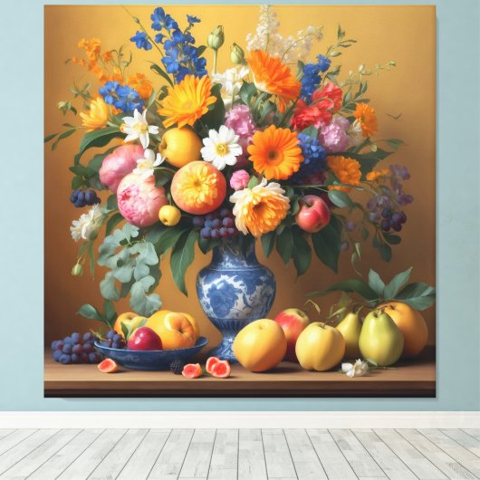 Stilleven met Bloemen in Delftbaluwe vaas en Fruit Canvas Afdruk (Insitu (Houten vloer))