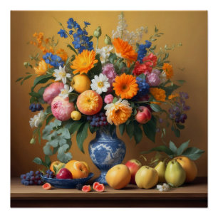 Stilleven met Bloemen in Delftbaluwe vaas en Fruit Perfect Poster