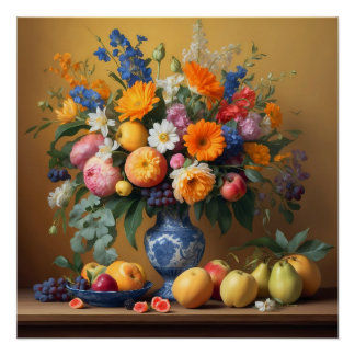 Stilleven met Bloemen in Delftbaluwe vaas en Fruit Perfect Poster