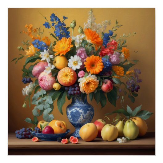 Stilleven met Bloemen in Delftbaluwe vaas en Fruit Perfect Poster (Voorkant)