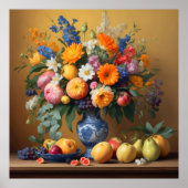 Stilleven met Bloemen in Delftbaluwe vaas en Fruit Poster (Voorkant)