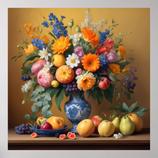 Stilleven met Bloemen in Delftbaluwe vaas en Fruit Poster (Voorkant)