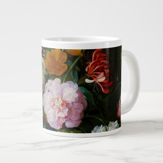 Stilleven met bloemen in een glazen vaas grote koffiekop (Voorkant rechts)