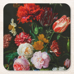 Stilleven met bloemen in een glazen vaas kartonnen onderzetters