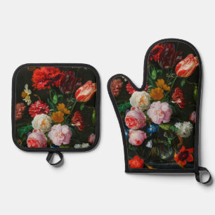 Stilleven met bloemen in een glazen vaas ovenwant & pannenlap set