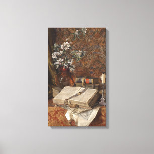 Stilleven met folio's en kersenbloesems canvas afdruk