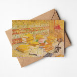 Stilleven met Franse romans | Vincent van Gogh Kaart<br><div class="desc">Nog steeds leven met Franse romans en Glass met een Roos (1887) van de Nederlandse postimpressionist Vincent Van Gogh. Het originele kunstwerk is een olie op canvas die een stapels boeken in warme gele tonen afschildert. Gebruik de ontwerphulpmiddelen om douanetekst toe te voegen of het afbeelding te personaliseren.</div>